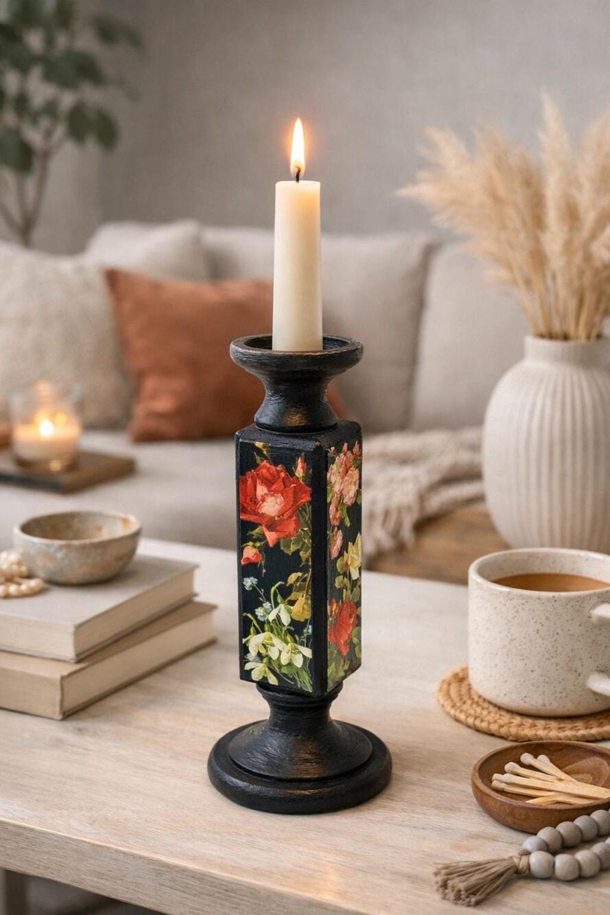 Navy Floral Tall Candle Holder - Upcycled Wood Pillar Stand Decor
